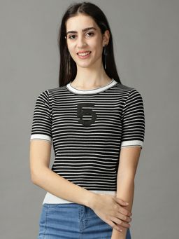 SHOWOFFFF - Womens Round Neck Fitted Striped Black Regular Top