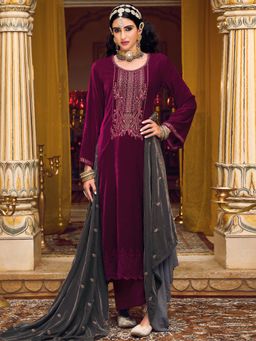 Stylee LIFESTYLE - Magenta Velvet Embroidered Dress Material