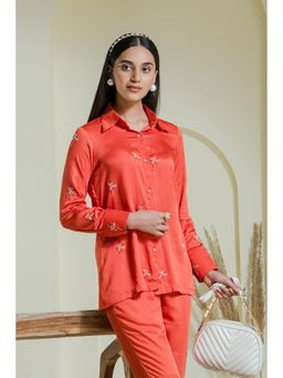 Maive - Vivid Coral Hand Embroidered Modal Satin Shirt