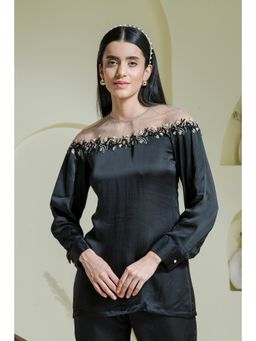 Maive - Black Hand Embroidered Modal Satin Blouse