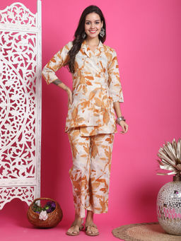 Rajnandini - Womens White Chikoo Pure Cotton Abstract Printed Co-ords (Set of 2)