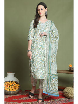 Rajnandini - Womens Off White Pure Cotton Jaipuri Printed Kurta and Pant with Dupatta (Set of 3)