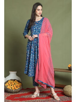 Rajnandini - Womens Blue Cotton Floral Printed Kurta and Pant with Dupatta (Set of 3)