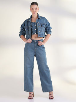 SHOWOFF - Women Blue Solid Top with Pant and Jacket (Set of 3)