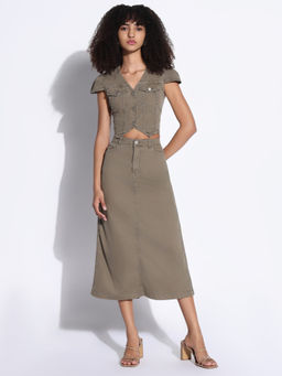 SHOWOFF - Women Khaki Solid Top with Skirt (Set of 2)