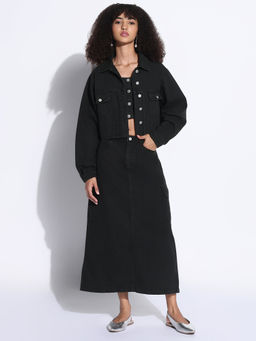 SHOWOFF - Women Black Solid Top with Skirt and Jacket (Set of 3)