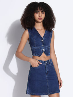 SHOWOFF - Women Navy Blue Solid Top with Skirt (Set of 2)