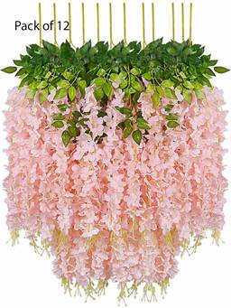 Fourwalls - Artificial Beautiful Decorations Hanging Orchid Flower Vine(Set of 12, 105 cm Tall, Peach)