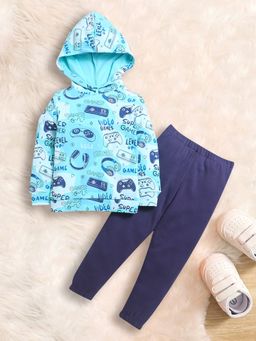 Nino Bambino - Printed Cotton Hooded Top And Joggers - Aqua (Set of 2)