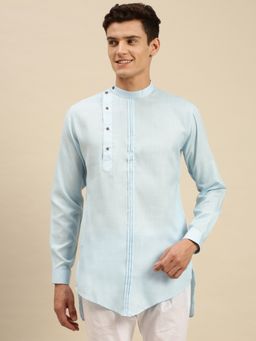 Sanwara - Men Solid Sky Blue Cotton Short Kurta