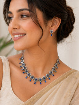 Yellow Chimes - Silver Oxidised Blue Stone Studded Jewellery Set