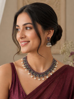Yellow Chimes - Ruby Maroon Stone Studded Pearl Drops Jewellery Set