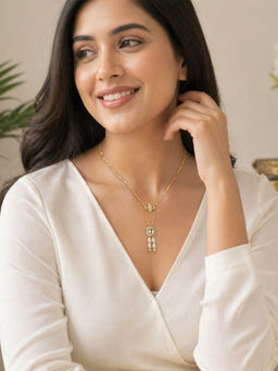 Yellow Chimes - White Pendant Kundan Crystal with Pearl Drop Necklace