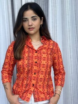 Tandul - Women Orange Crepe Abstract Shirt