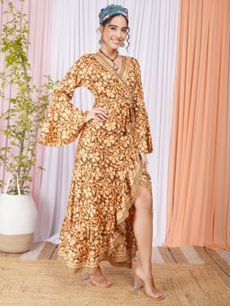 BOHOLYFE - Women Brown Floral Printed V-Neck Dress