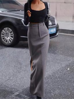 Off Duty India - Korean Grey Sleek Slit Skirt
