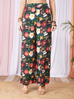 BOHOLYFE - Women Black Viscose Rayon Floral Relaxed Fit Pant