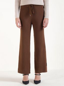 Xpose - Women Dark Brown Wide Leg Knitted Broad Rib Pants