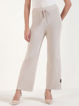 Xpose - Women Beige Wide Leg Knitted Broad Rib Pants