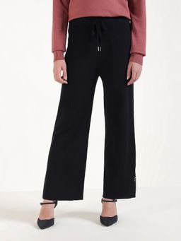 Xpose - Women Black Wide Leg Knitted Broad Rib Pants