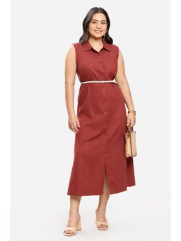 Virgio - Solid Cotton Shirt Collar Sleeveless Plus Size Red Midi Dress