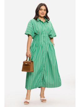 Virgio - Striped Viscose Rayon Shirt Collar Short Sleeves Plus Size Green Midi Dress