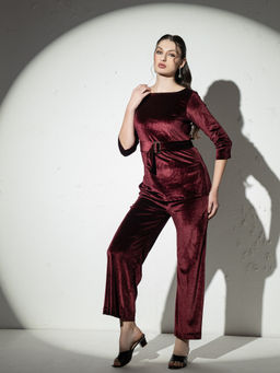 Mabish By Sonal Jain - Boat Neck Wine Co-Ord Set