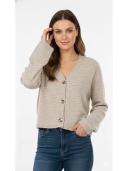 NOBARR - Women Acrylic Full Sleeve V-Neck Knit Beige Cardigan
