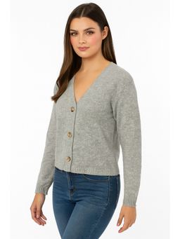 NOBARR - Women Acrylic Full Sleeve V-Neck Knit Grey Cardigan