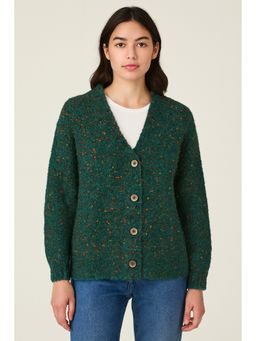 NOBARR - Women Polyester V-Neck Knitted Green Cardigan