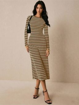 Outzidr - Brown Full Sleeve Striped Midi Dress