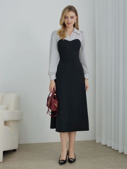 Outzidr - Black Puff Sleeve Collared Midi Dress