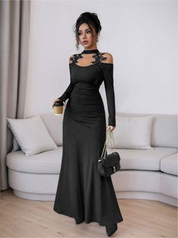 Outzidr - Black Full Sleeve Lace Neck Detail Dress