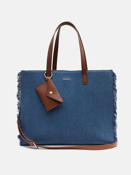 Kazo - Blue Denim Fringe Tote Bag with Coin Pouch (L) (Set of 2)