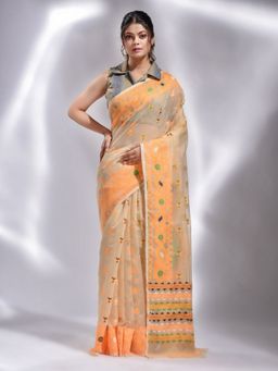 CHARUKRITI - Beige Silk Cotton Handwoven Jamdani Saree