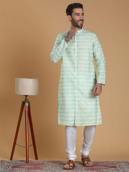 TABARD - Ethnicwear Green Cotton Printed Long Sleeves Mandarin Kurta for Men