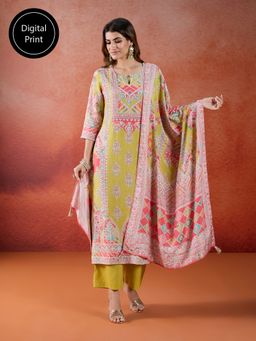 Likha - Viscose Silk Blend Printed Straight Festive Kurta Pant & Printed Dupatta (Set of 3)