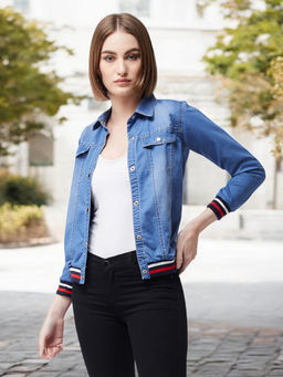 Miss Chase - Blue Full Sleeves Solid Rib Detailing Denim Jacket