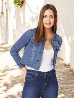 Miss Chase - Women's Navy Blue Solid Full Sleeves Denim Cropped Jacket