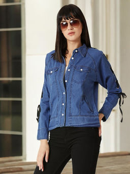 Miss Chase - Blue Full Sleeve Eyelet and Twill Tape Detailing Solid Denim Jacket