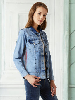 Miss Chase - Light Blue Collared Full Sleeve Twill Tape Detailing Denim Jacket