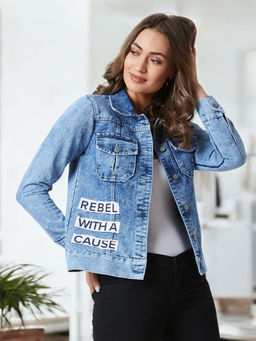 Miss Chase - Light Blue Collared Solid Full Sleeve Regular Length Denim Jacket