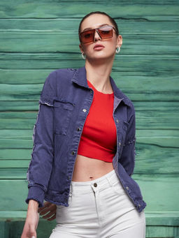 Miss Chase - Blue Full Sleeve Solid Regular Length Denim Jacket