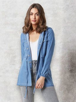 Miss Chase - Women's Light Blue hoody with tie-up Long Light Weight Denim Jacket