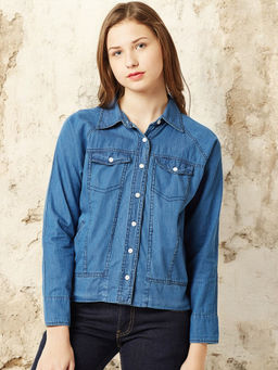 Miss Chase - Blue Collared Full Sleeve Solid Denim Jacket