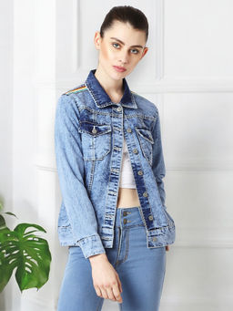 Miss Chase - Light Blue Collared Full Sleeve Solid Denim Jacket