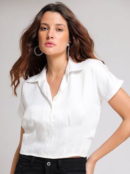 SHAYE - Button Down Collar White Solid Satin Short Sleeves Crop Length Casual Shirt