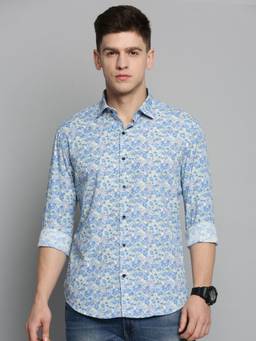 SHOWOFFFF - Mens Spread Collar Blue Printed Shirt