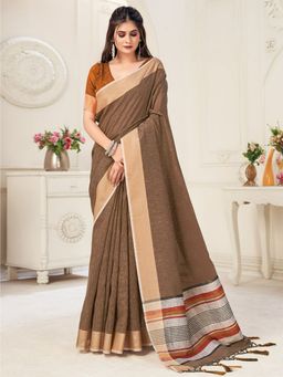 EXCLUSIVA - Brown Linen Saree with Unstitched Blouse