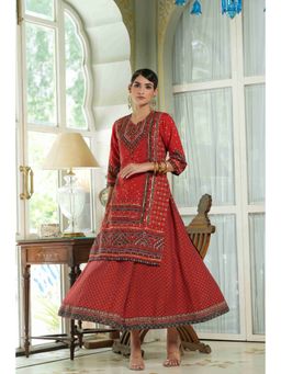 Juniper - Red Ethnic Motif Printed Chanderi Maxi Dress with Gota Work